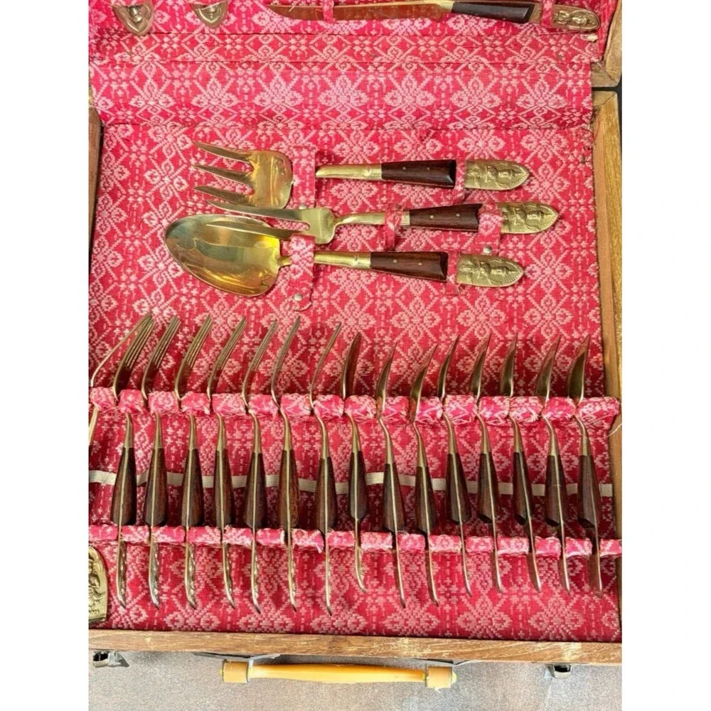 Vintage V. Thailand Jewelry & Bronze Factory Siam Bronze Flatware Set w/ Case